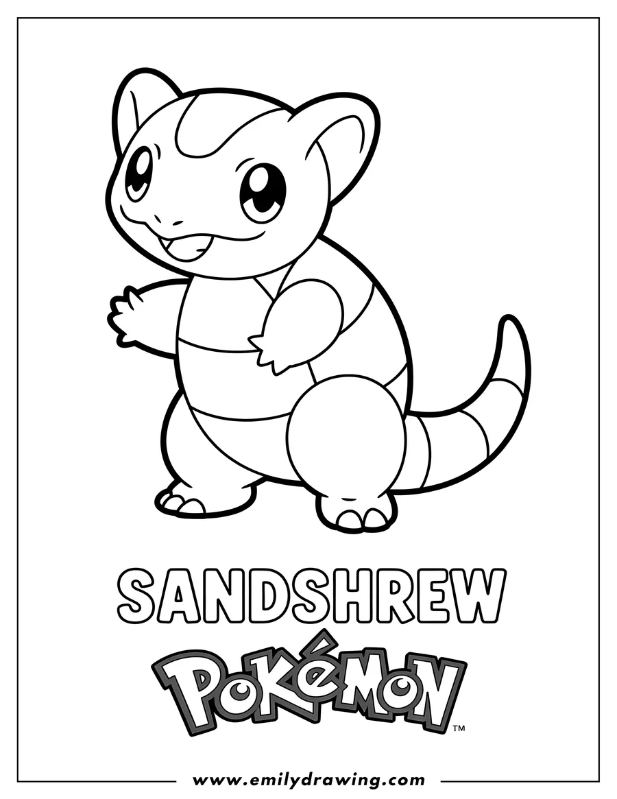 Line art of the Pokémon Sandshrew standing, with stripes on its body and tail, and a smiling face.