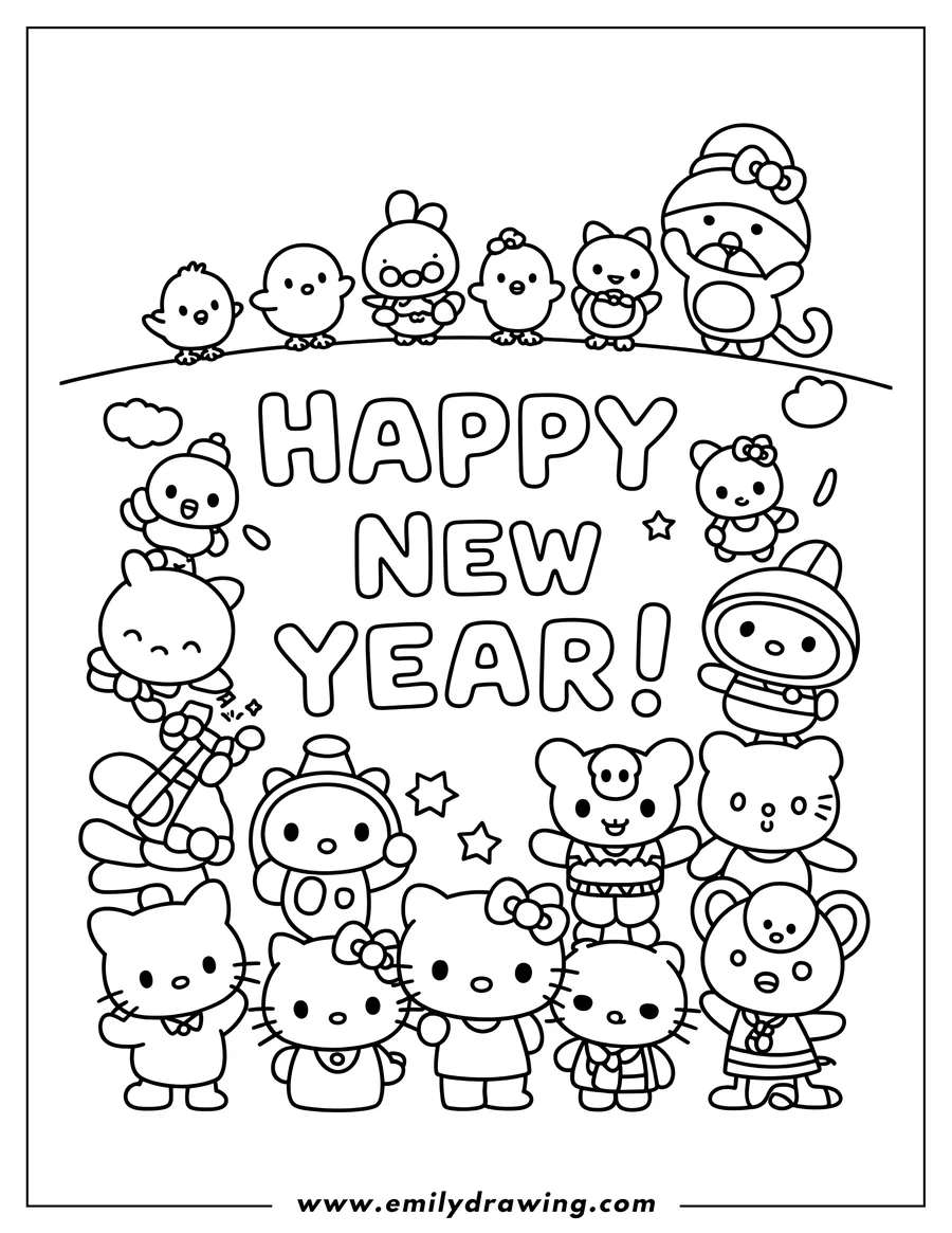 Outline of various cute Sanrio characters and animals surrounding the text 'HAPPY NEW YEAR!'. Characters include Hello Kitty, a bear, a rabbit, and several small birds.