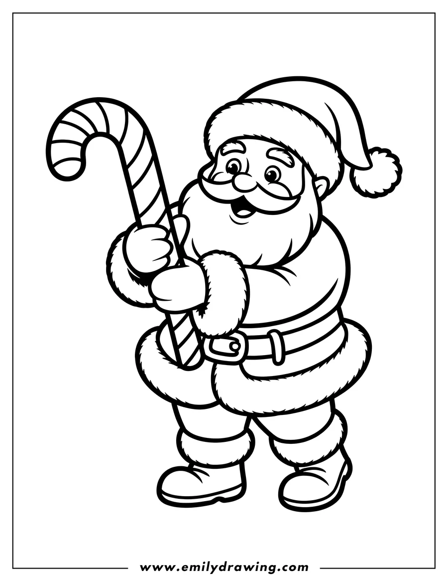 Outline of Santa Claus holding a large candy cane.
