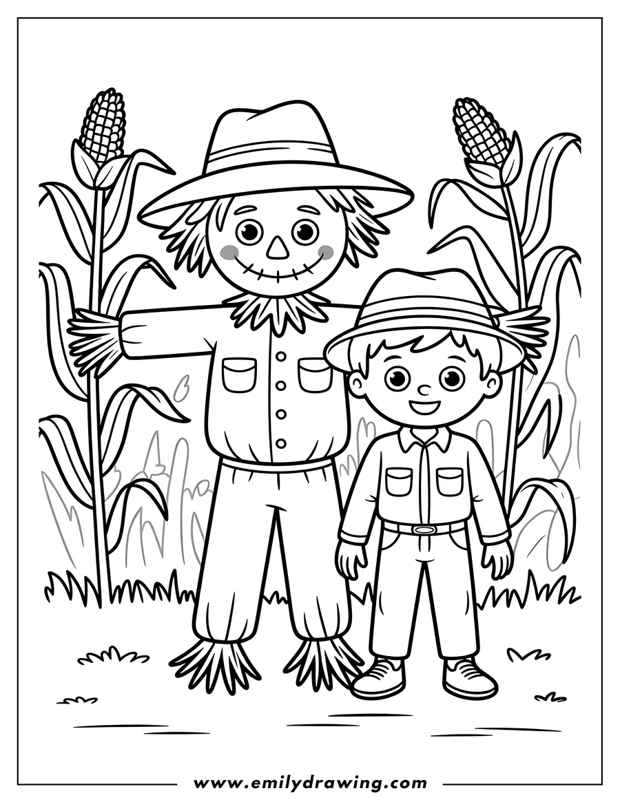 Outline of a friendly scarecrow and a smiling boy standing together in a cornfield with tall cornstalks.