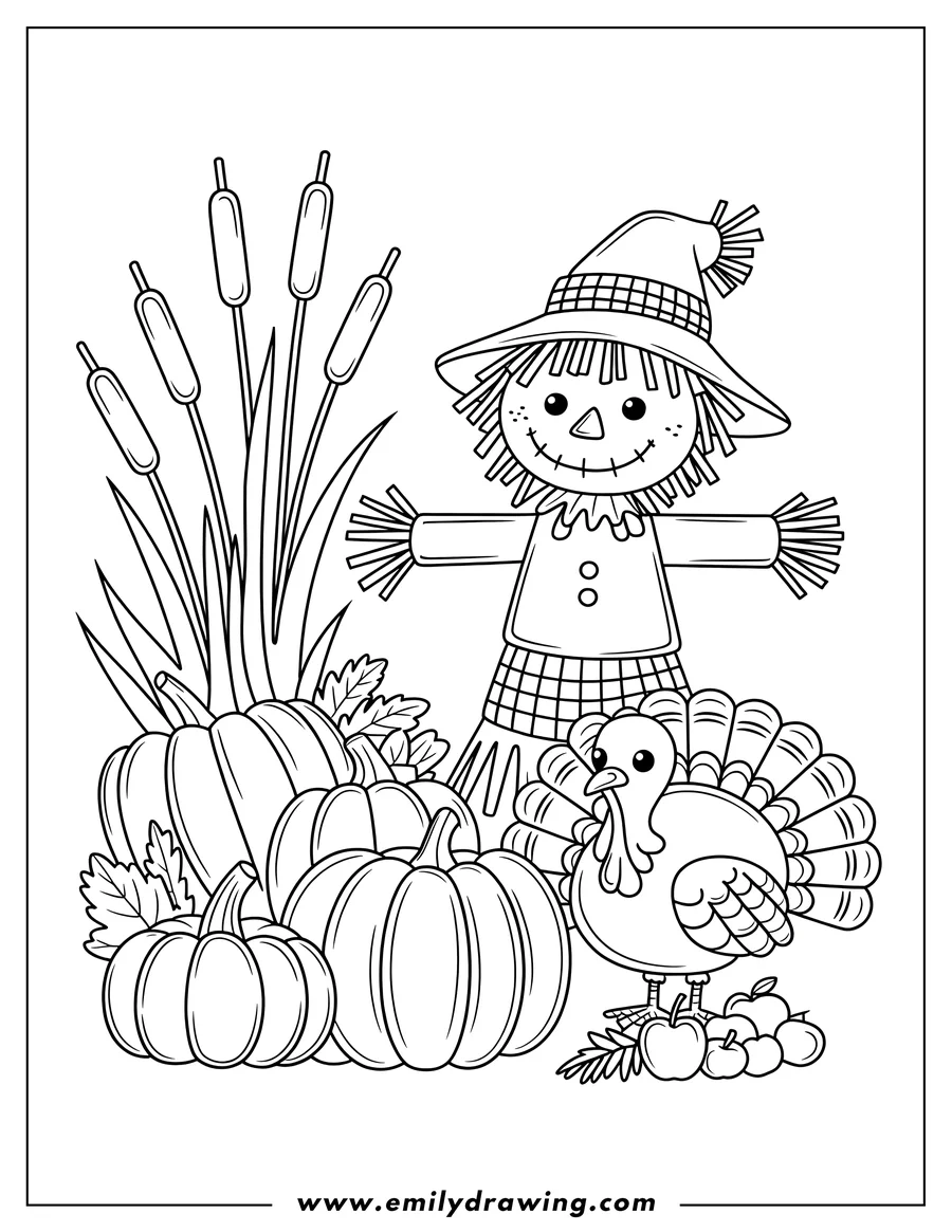 Outline of a scarecrow and a turkey surrounded by pumpkins, apples, and cattails, ready for Thanksgiving.