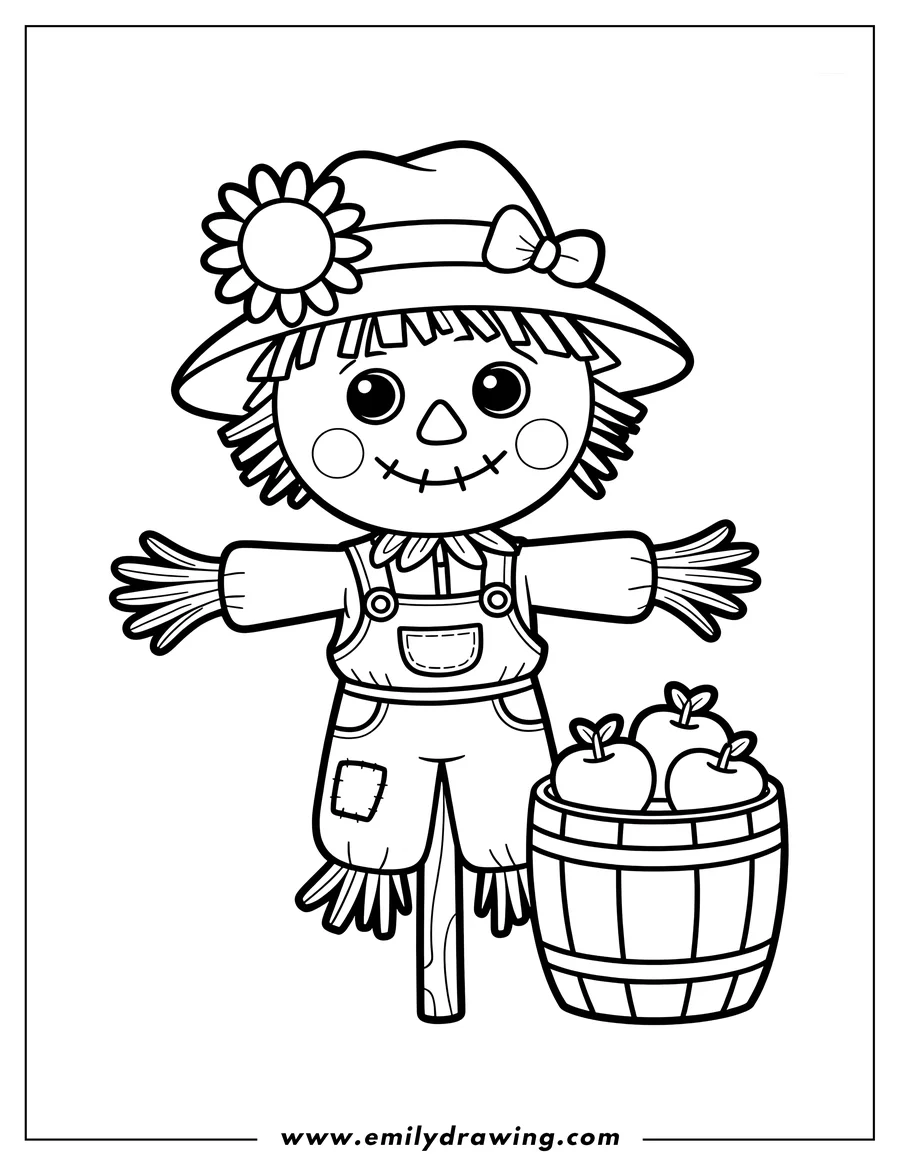 Line art of a friendly scarecrow wearing a hat with a sunflower, standing next to a wooden barrel filled with apples.