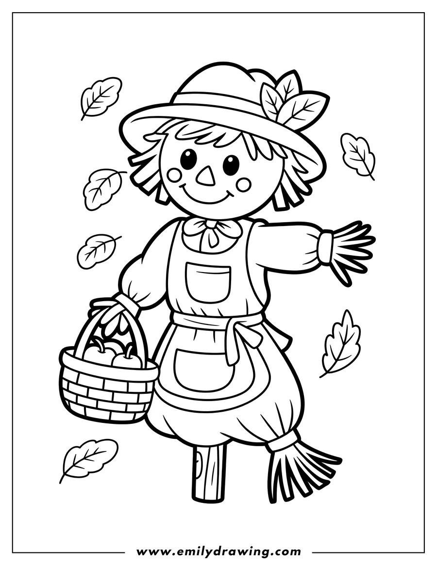 Line art of a happy scarecrow with a straw hat and overalls, holding a basket of apples, with autumn leaves floating around.
