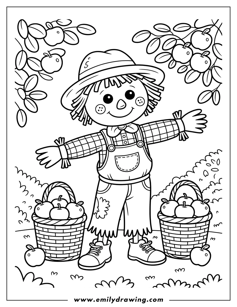 Line art of a happy scarecrow wearing a hat and overalls, standing with arms outstretched, flanked by two baskets filled with apples, under apple tree branches.