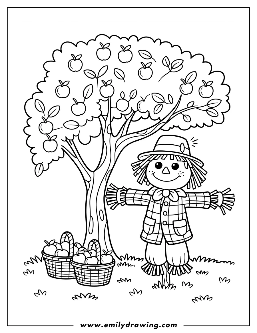 Outline of a friendly scarecrow standing by an apple tree with two baskets of apples at its base in a grassy field.