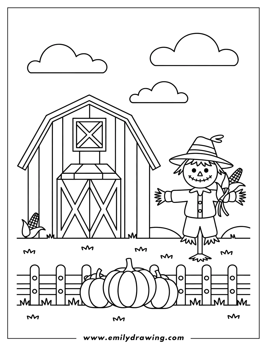 Line art of a friendly scarecrow holding corn, standing next to a barn, with pumpkins in front of a fence and clouds in the sky.