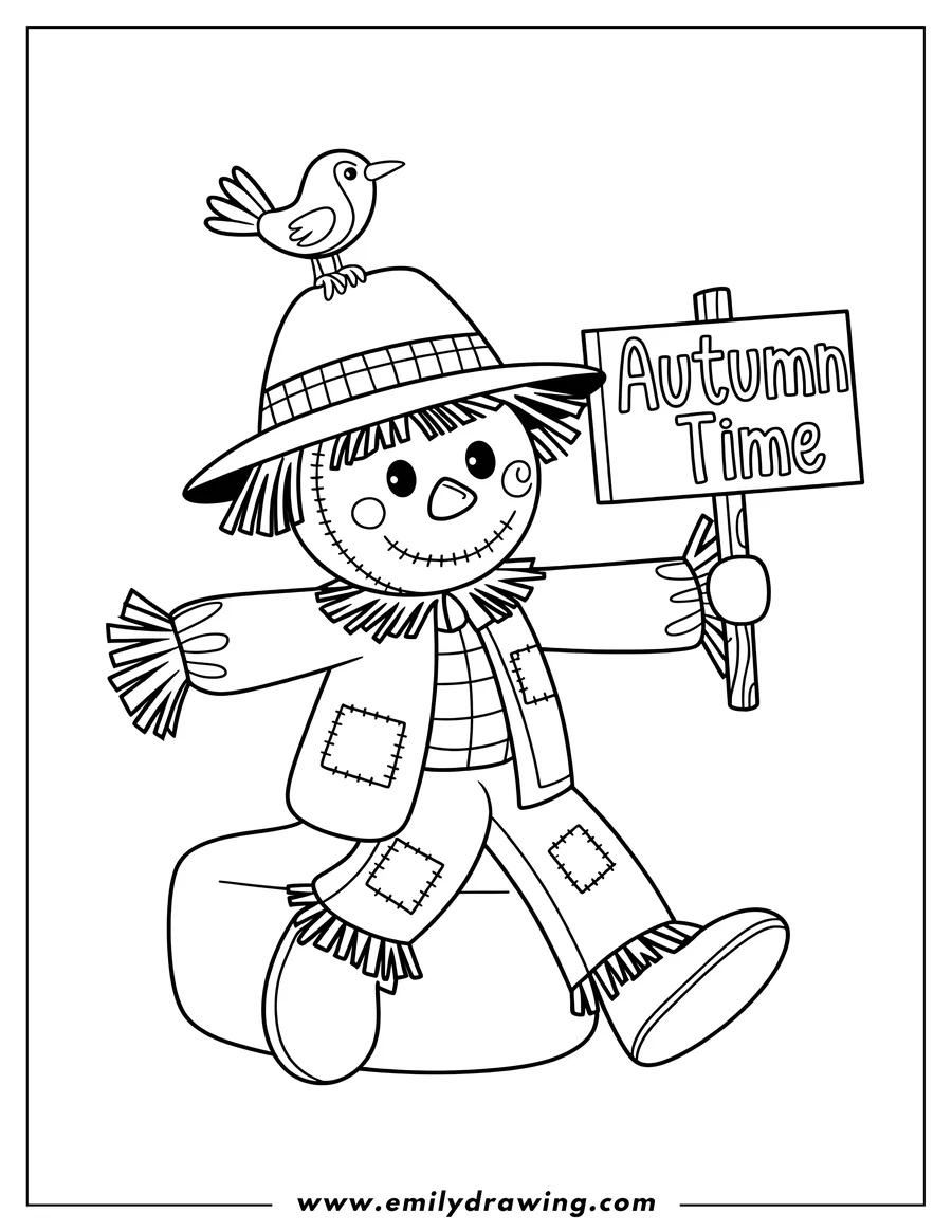 Line art of a friendly scarecrow wearing a patched outfit and a hat, with a small bird perched on its hat. The scarecrow is holding a sign that reads