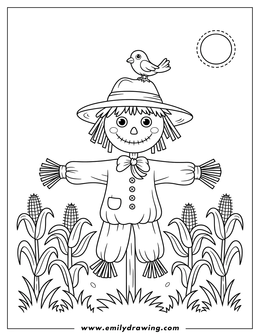 Line art of a friendly scarecrow wearing a hat with a small bird sitting on top, surrounded by corn stalks.