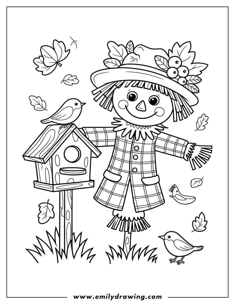 Line art of a happy scarecrow with a plaid outfit and a hat decorated with leaves and berries, standing next to a birdhouse with a bird perched on top, surrounded by grass, flying leaves, and another bird on the ground.