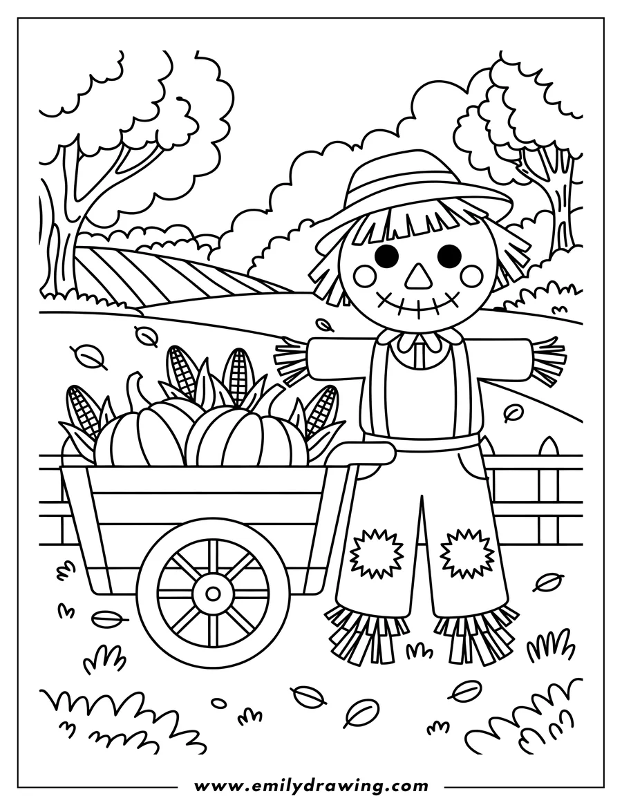 Line art of a friendly scarecrow wearing a hat and overalls, standing next to a wheelbarrow filled with pumpkins and corn, with trees and fields in the background and falling leaves on the ground.