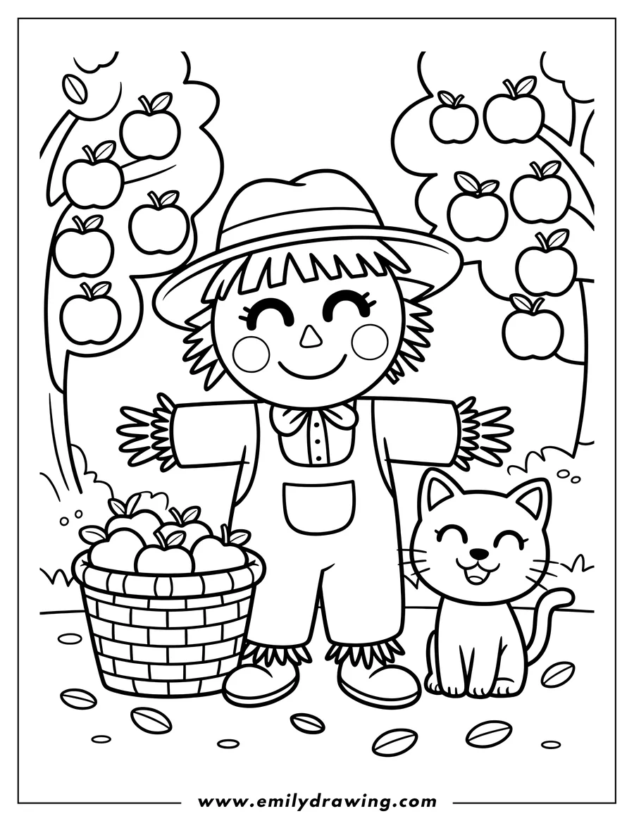 Line art of a smiling scarecrow standing next to a happy cat and a basket of apples, with apple trees in the background.