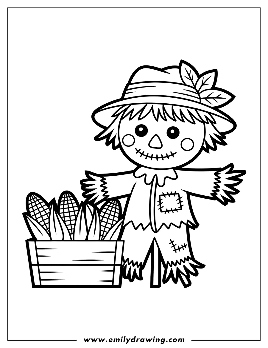 Line art of a friendly scarecrow wearing a hat with leaves, standing next to a wooden crate filled with corn cobs.