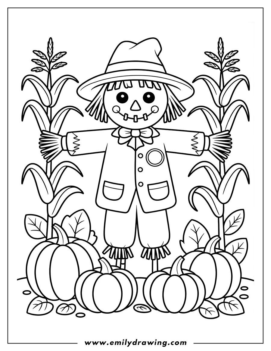 Line art of a friendly scarecrow standing between two corn stalks with several pumpkins at its feet.