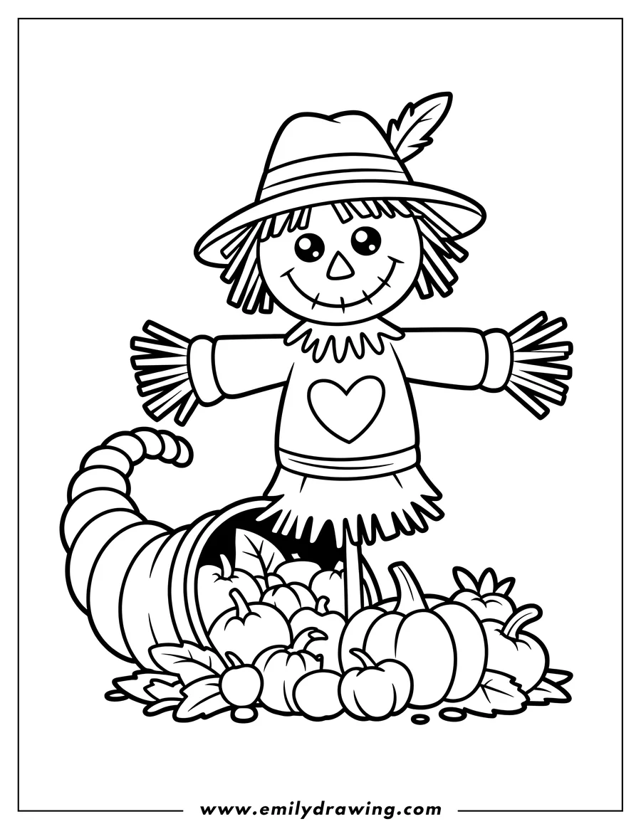 Line art of a smiling scarecrow wearing a hat with a feather, standing next to a cornucopia overflowing with pumpkins and autumn leaves, with more pumpkins scattered on the ground.