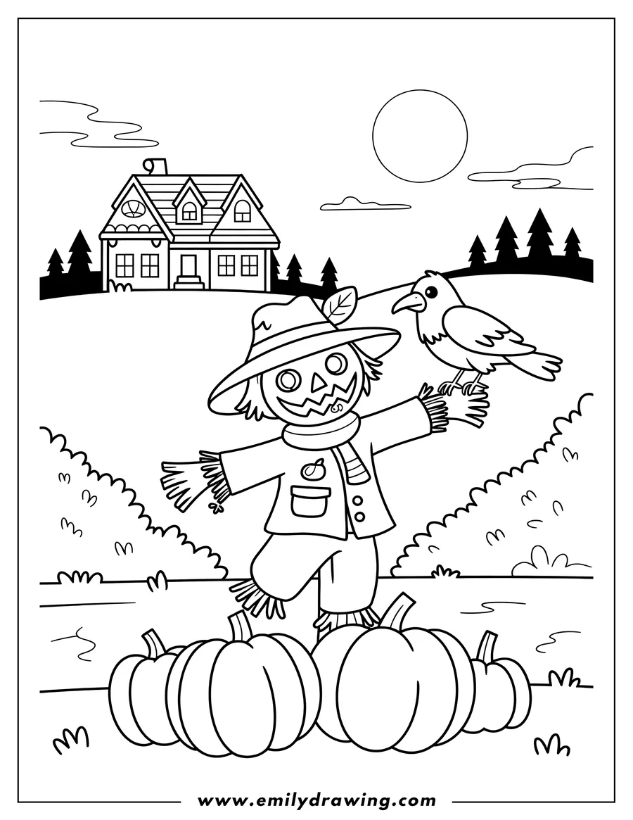 Line art of a smiling scarecrow wearing a hat and scarf, with a crow perched on its arm, standing among three pumpkins in front of a house and trees under a full moon.