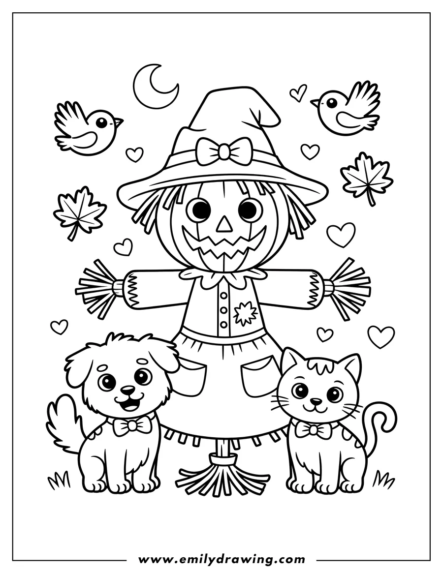 Outline of a scarecrow with a pumpkin head, wearing a hat and overalls, standing between a small dog and a cat, all wearing bow ties. Two birds, fall leaves, and hearts are in the background under a crescent moon.