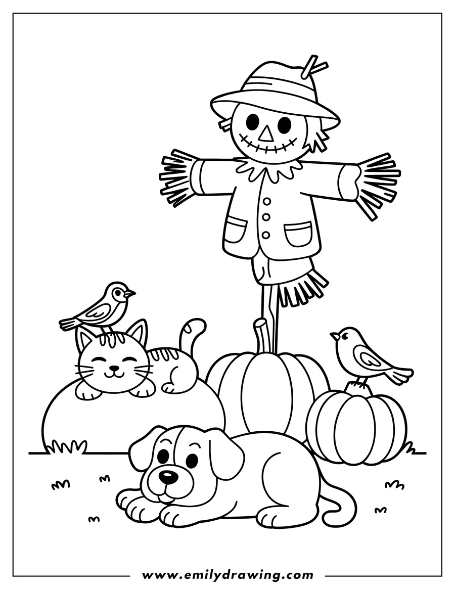 Line art of a friendly scarecrow standing above a dog, cat, and two pumpkins, with two small birds perched nearby.