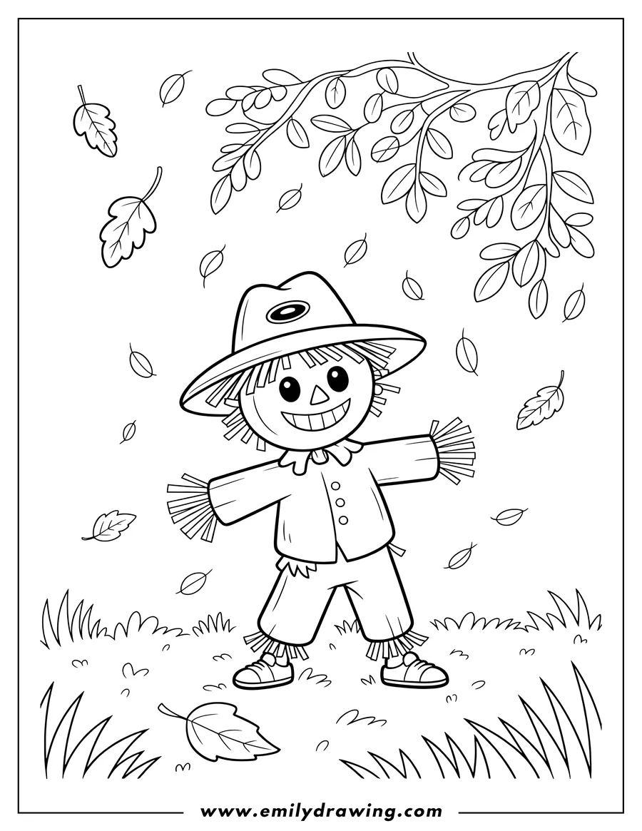 Line art of a smiling scarecrow standing in a field with leaves falling from a tree branch above.