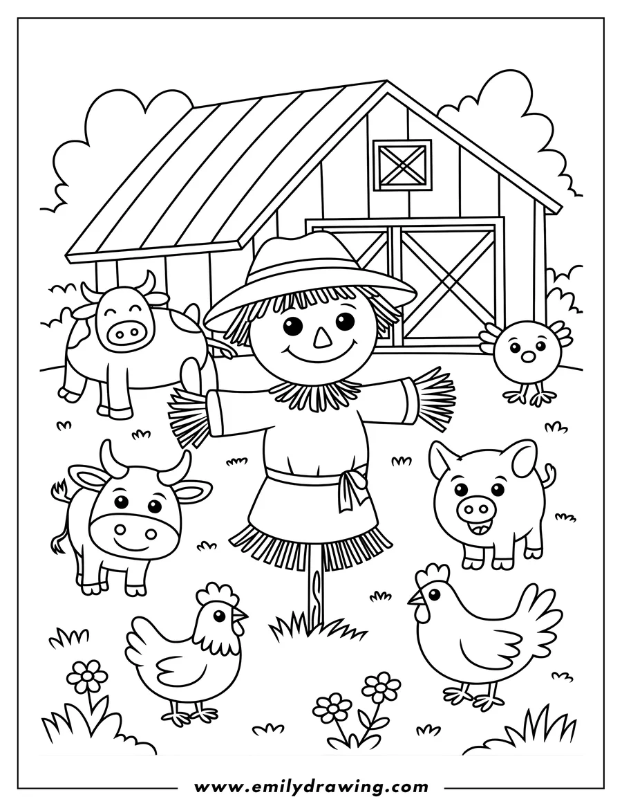 Outline of a cheerful scarecrow standing in a farm scene with a barn, two cows, a pig, two chickens, and a chick.