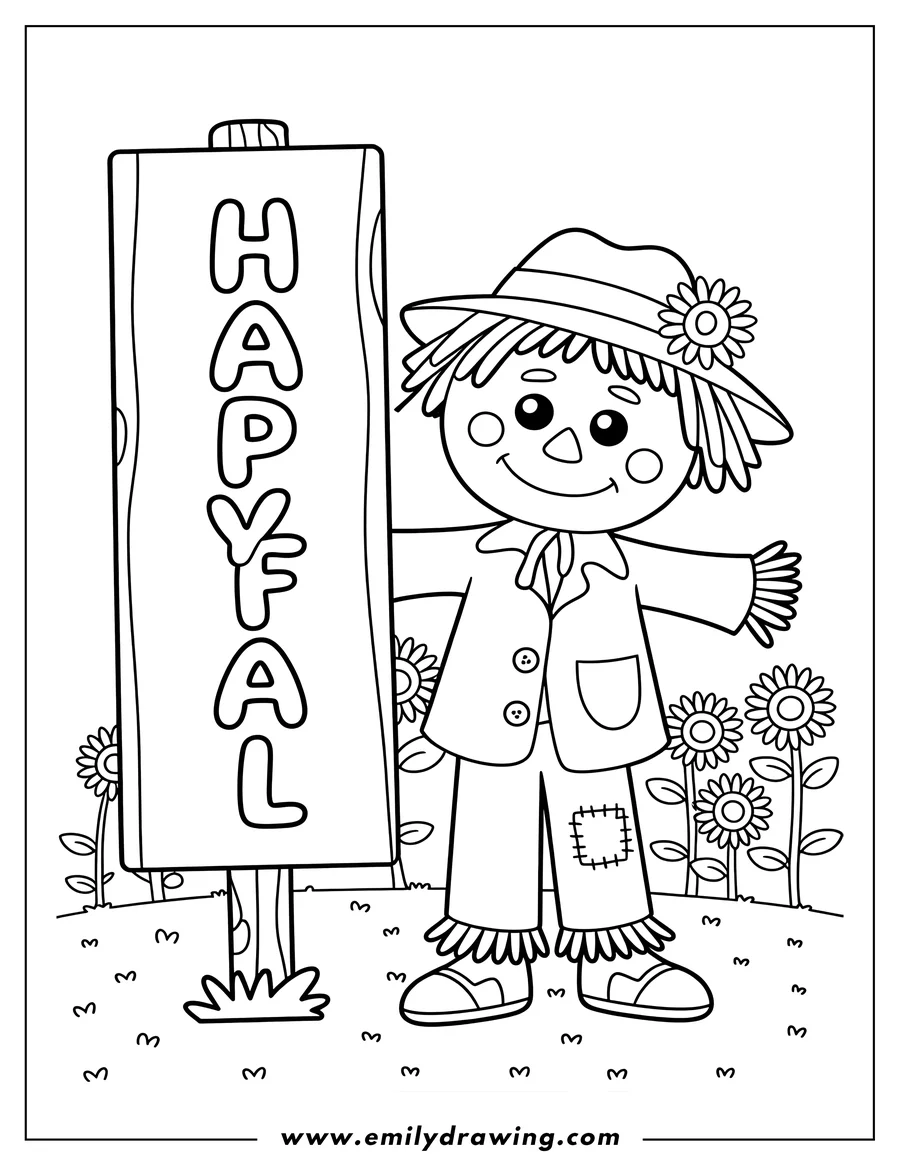 Line art of a friendly scarecrow standing next to a large wooden sign that says 'HAPPY FALL'. The scarecrow wears a patched jacket and a hat with a flower, with straw peeking out. Sunflowers are visible in the background.