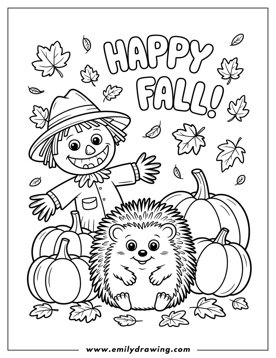 Line art of a smiling scarecrow and a cute hedgehog surrounded by pumpkins and falling autumn leaves with the text 'Happy Fall!'