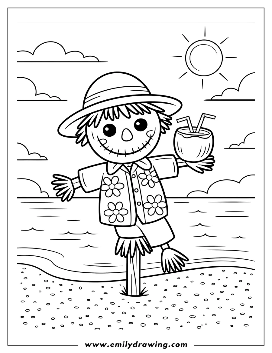 Line art of a friendly scarecrow wearing a hat and floral shirt, standing on a beach and holding a coconut drink with two straws. The ocean, clouds, and sun are in the background.