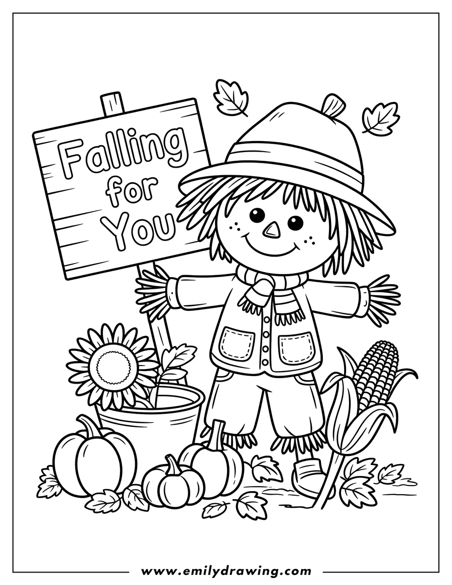 Line art of a smiling scarecrow in a hat and scarf, holding a sign that reads 'Falling for You', surrounded by pumpkins, a sunflower in a bucket, an ear of corn, and autumn leaves.
