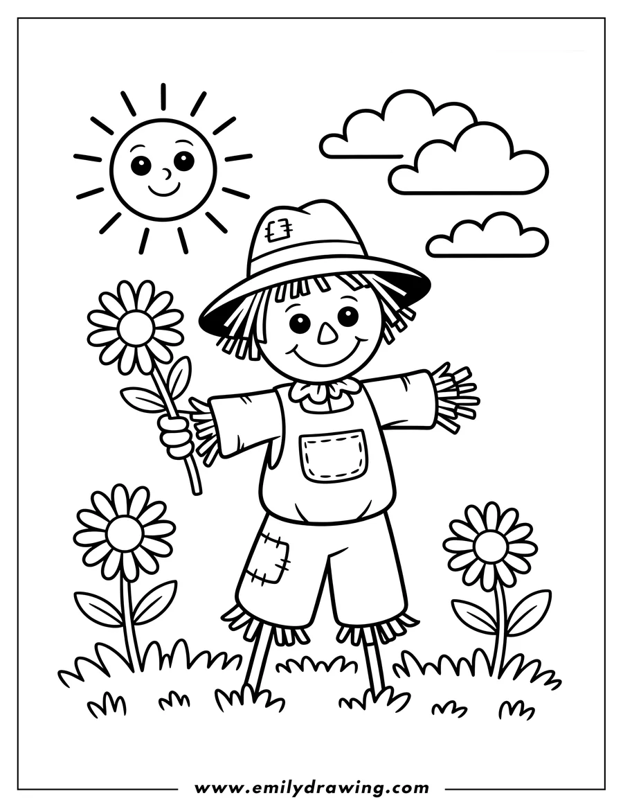 Outline of a cartoon scarecrow standing in a field of grass, holding a daisy flower. A smiling sun shines brightly in the sky above him.