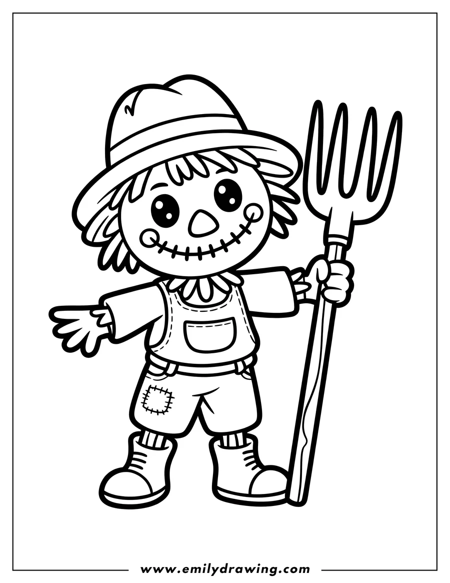 Line art of a friendly scarecrow wearing a hat and overalls, holding a large pitchfork.