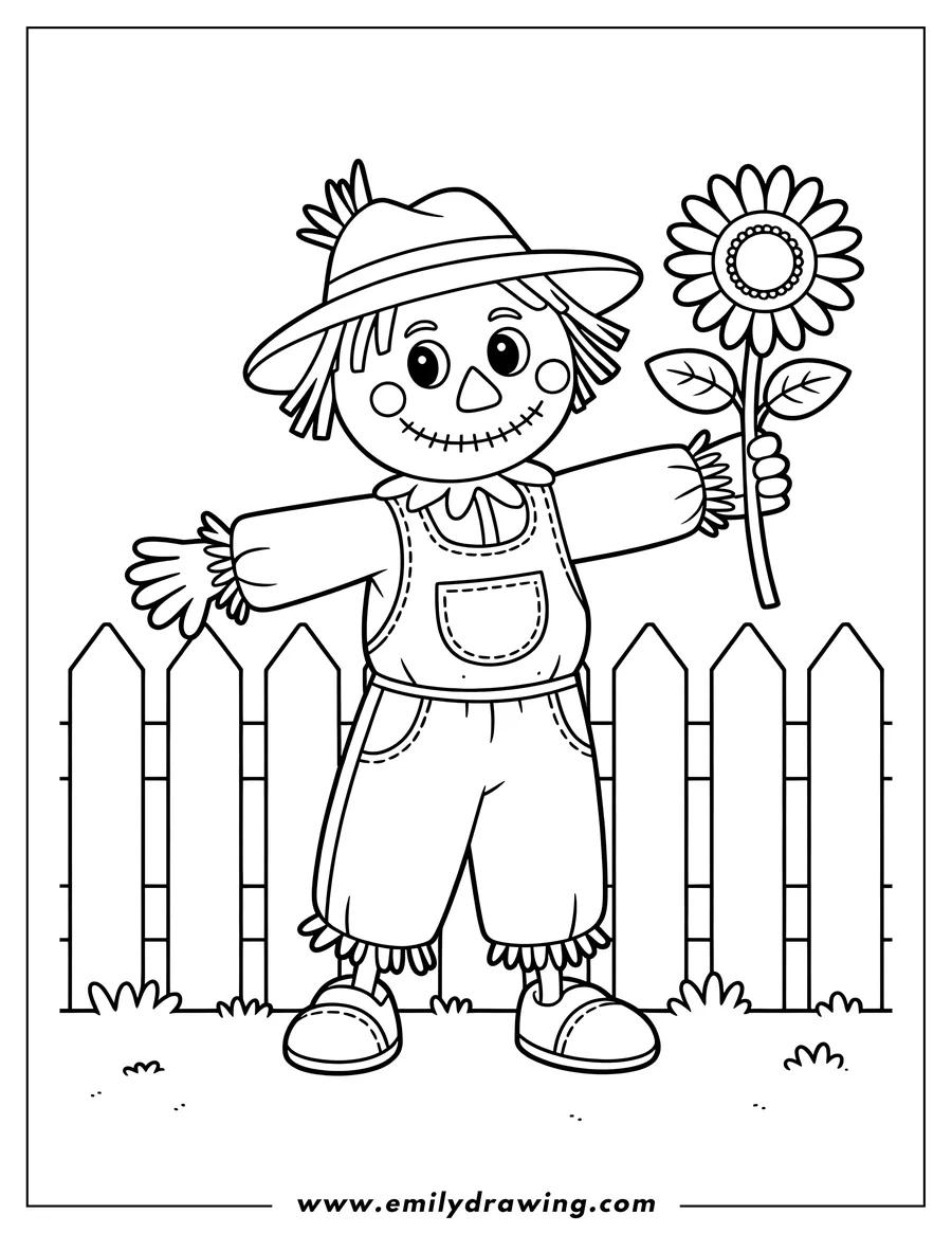 Line art of a friendly scarecrow wearing a hat and overalls, holding a sunflower, standing in front of a picket fence.
