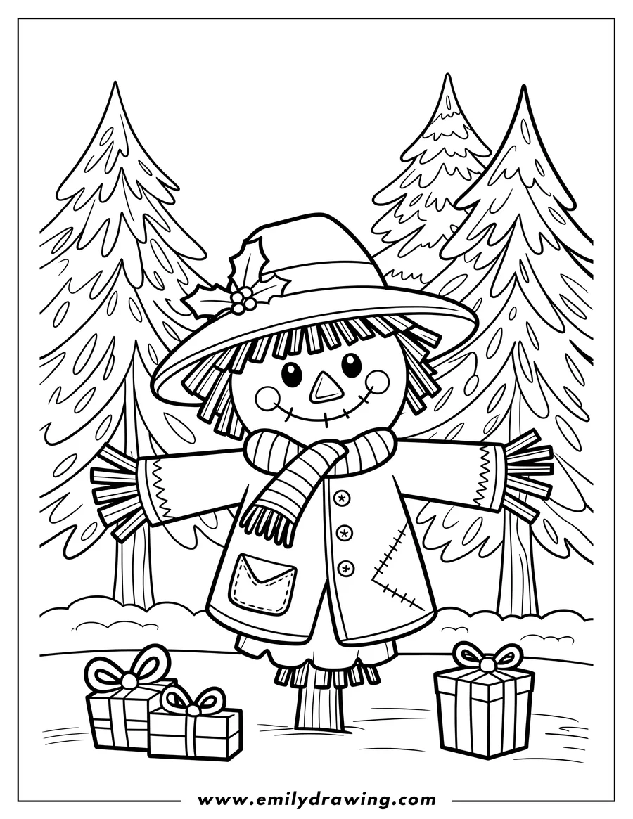 Line art of a friendly scarecrow wearing a hat with holly, a striped scarf, and a patched coat, standing among pine trees with wrapped presents at its base.