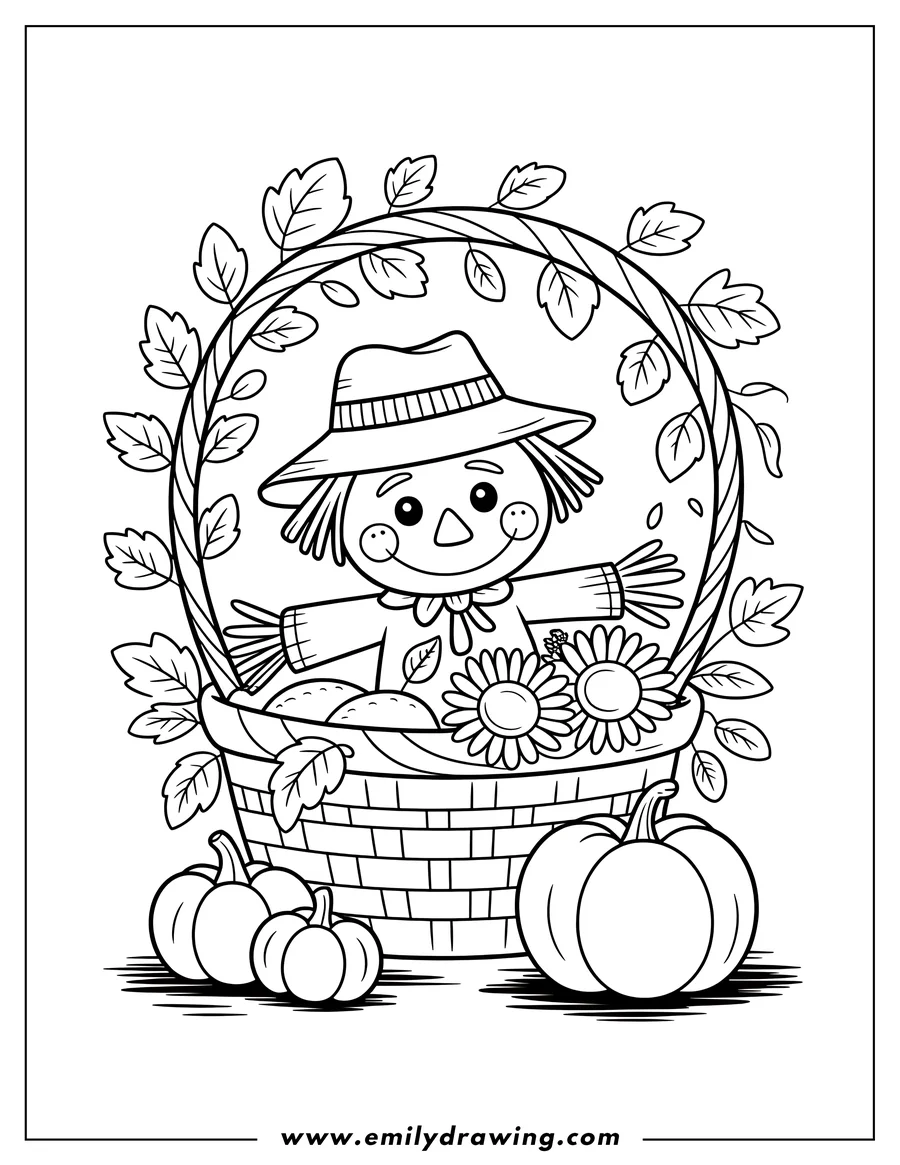 Line art of a scarecrow sitting in a basket filled with pumpkins and flowers.