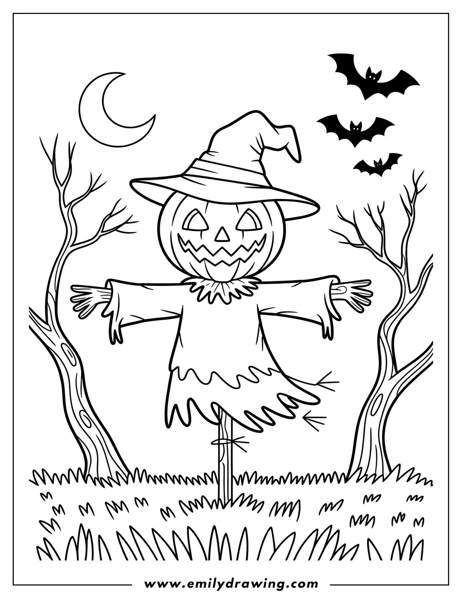 Line art of a scarecrow with a jack-o-lantern head, wearing a witch hat, standing in a grassy field with bare trees, bats flying, and a crescent moon in the sky.