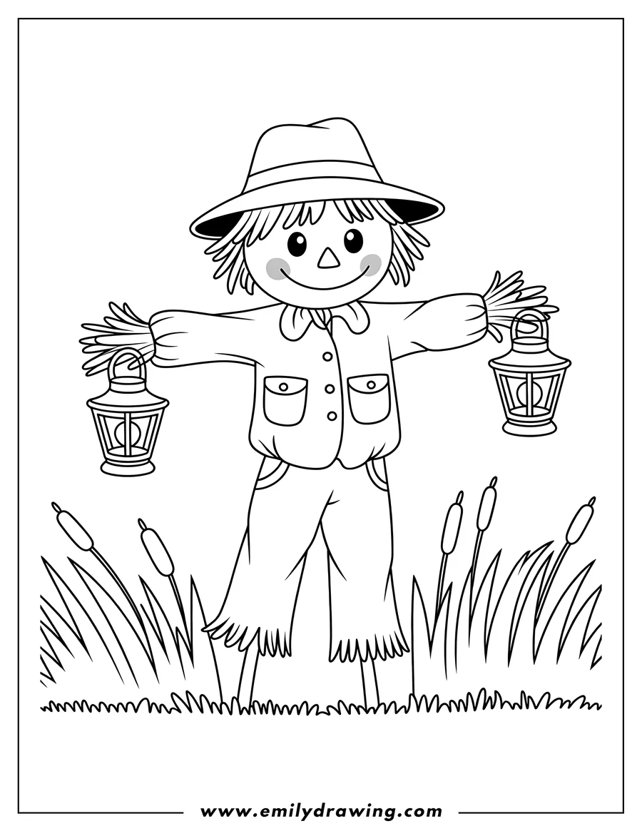 Line art of a friendly scarecrow wearing a hat and holding two lanterns, standing in tall grass with cattails.