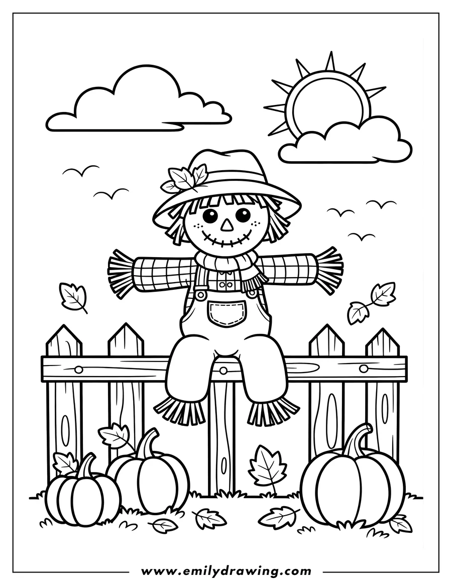 Line art of a friendly scarecrow sitting on a wooden fence, wearing a hat with leaves and overalls, surrounded by pumpkins and falling leaves on the ground, with clouds and sun in the sky