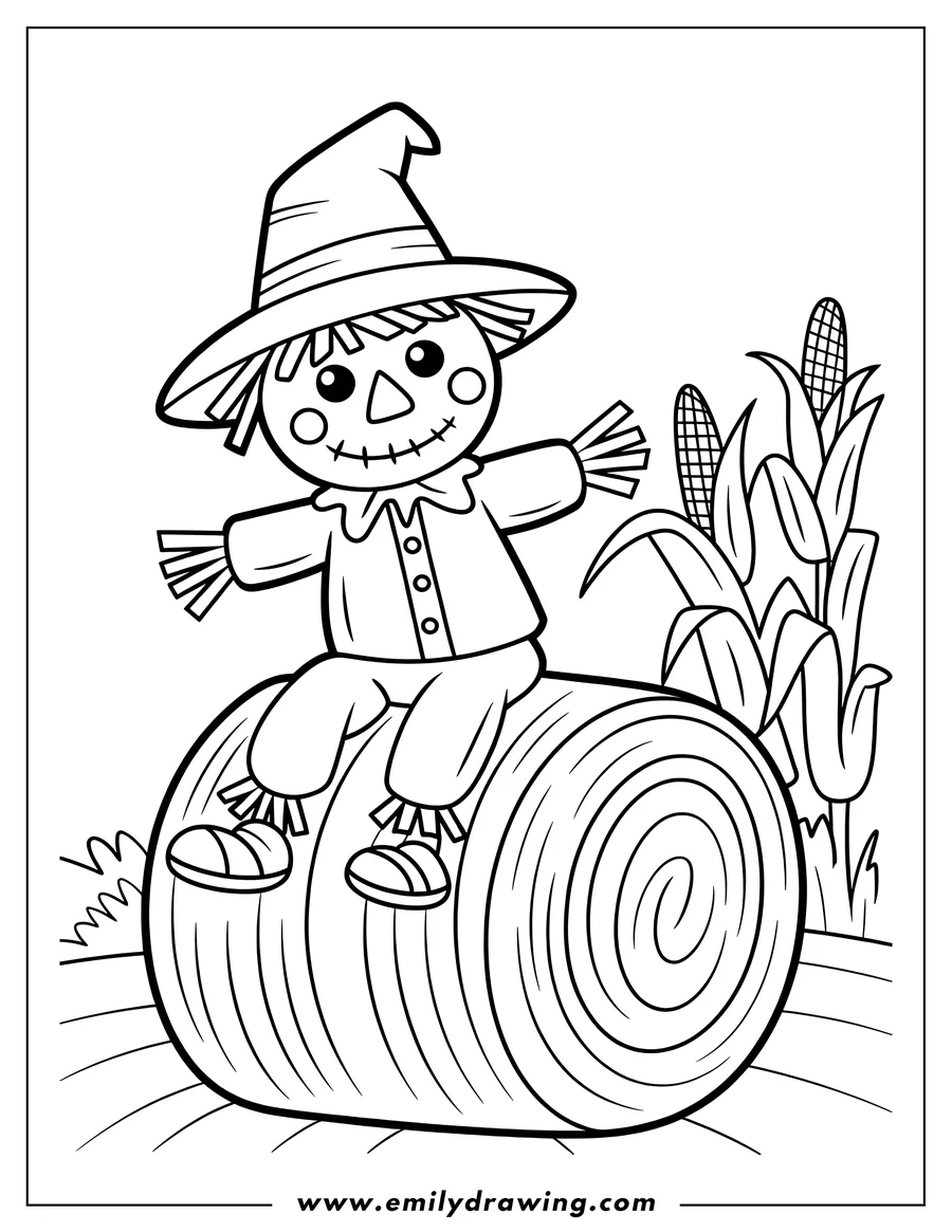 Line art of a smiling scarecrow with a pointy hat sitting on a large round hay bale, with corn stalks visible in the background.
