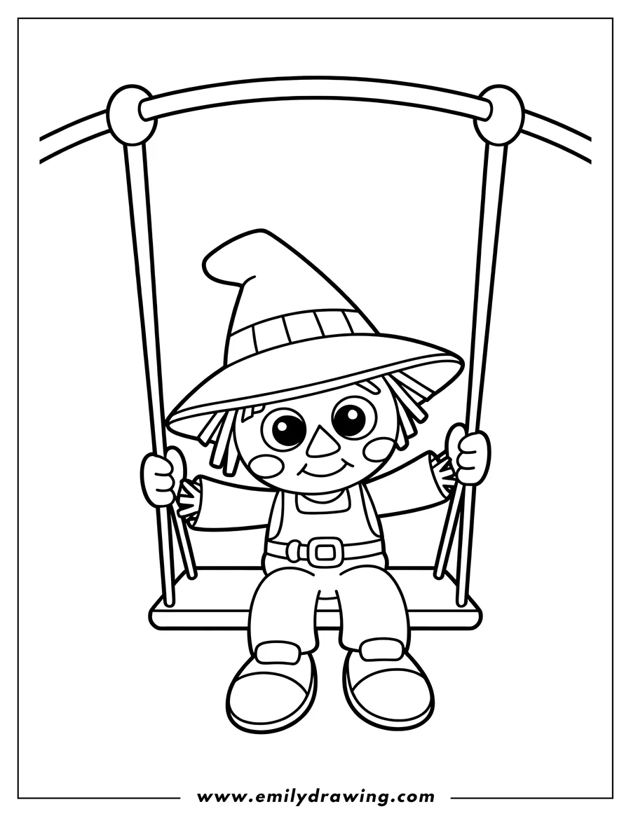 Line art of a friendly scarecrow with a pointy hat and overalls, sitting happily on a swing.