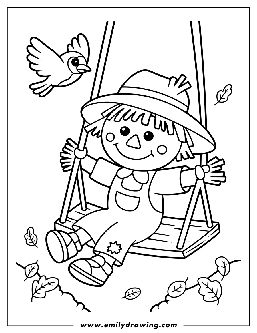 Line art of a cheerful scarecrow sitting on a swing with a bird flying nearby and autumn leaves on the ground.