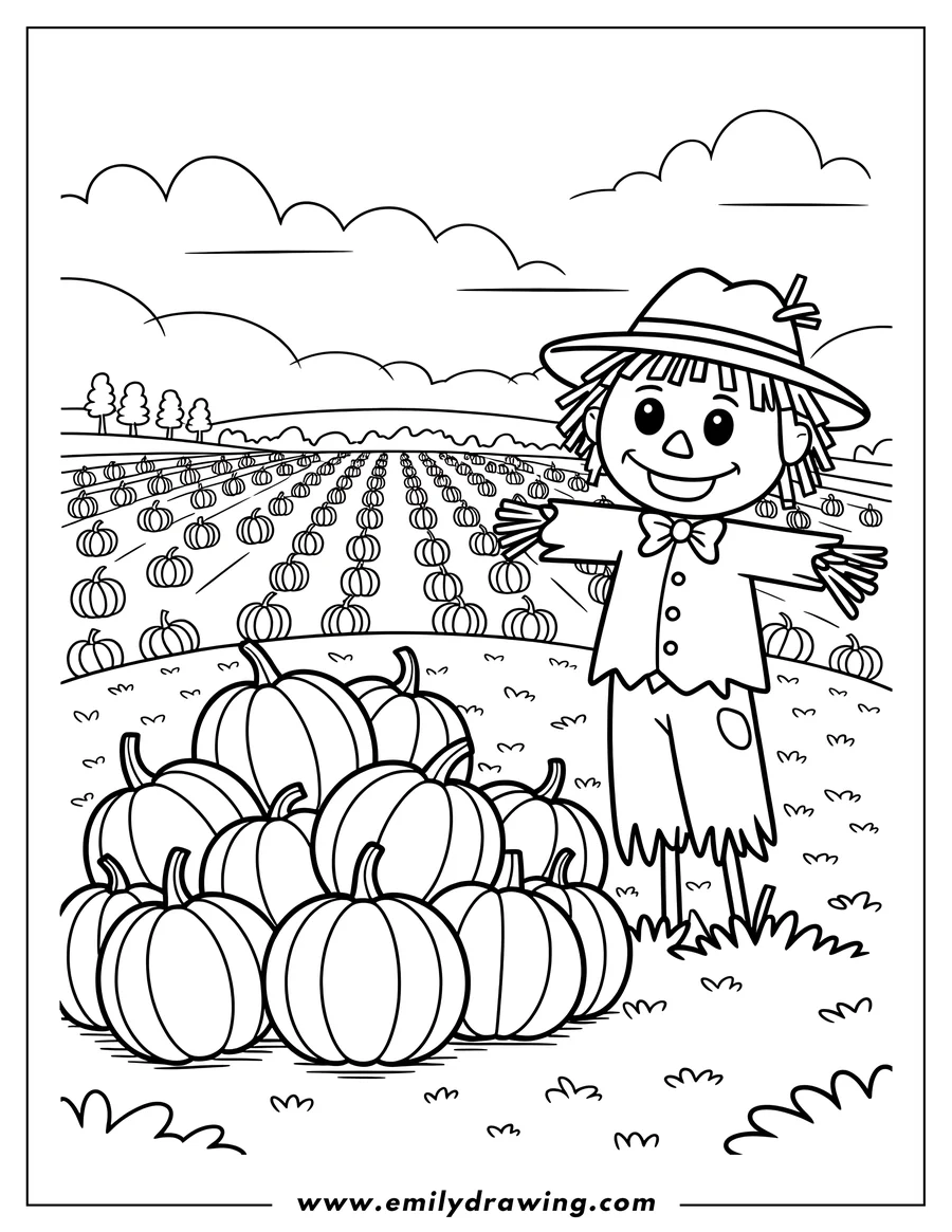 Line art of a friendly scarecrow standing in a vast pumpkin patch under a cloudy sky. There is a large pile of pumpkins in the foreground.
