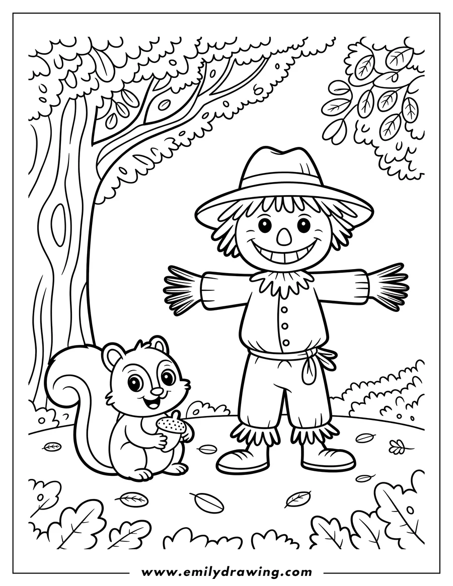 Line art of a happy scarecrow with a straw hat and a cute squirrel holding an acorn standing in a field with falling leaves and a tree.