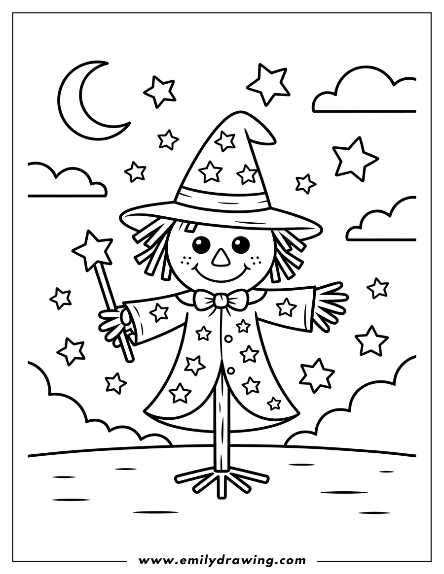 Line art of a friendly scarecrow wearing a witch's hat with stars, holding a star wand, under a crescent moon and many stars.