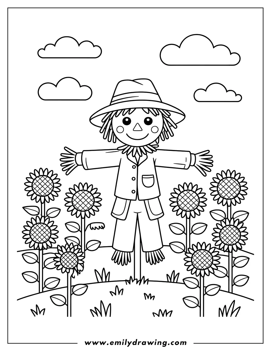 Line art of a friendly scarecrow standing in a field of tall sunflowers under a cloudy sky.