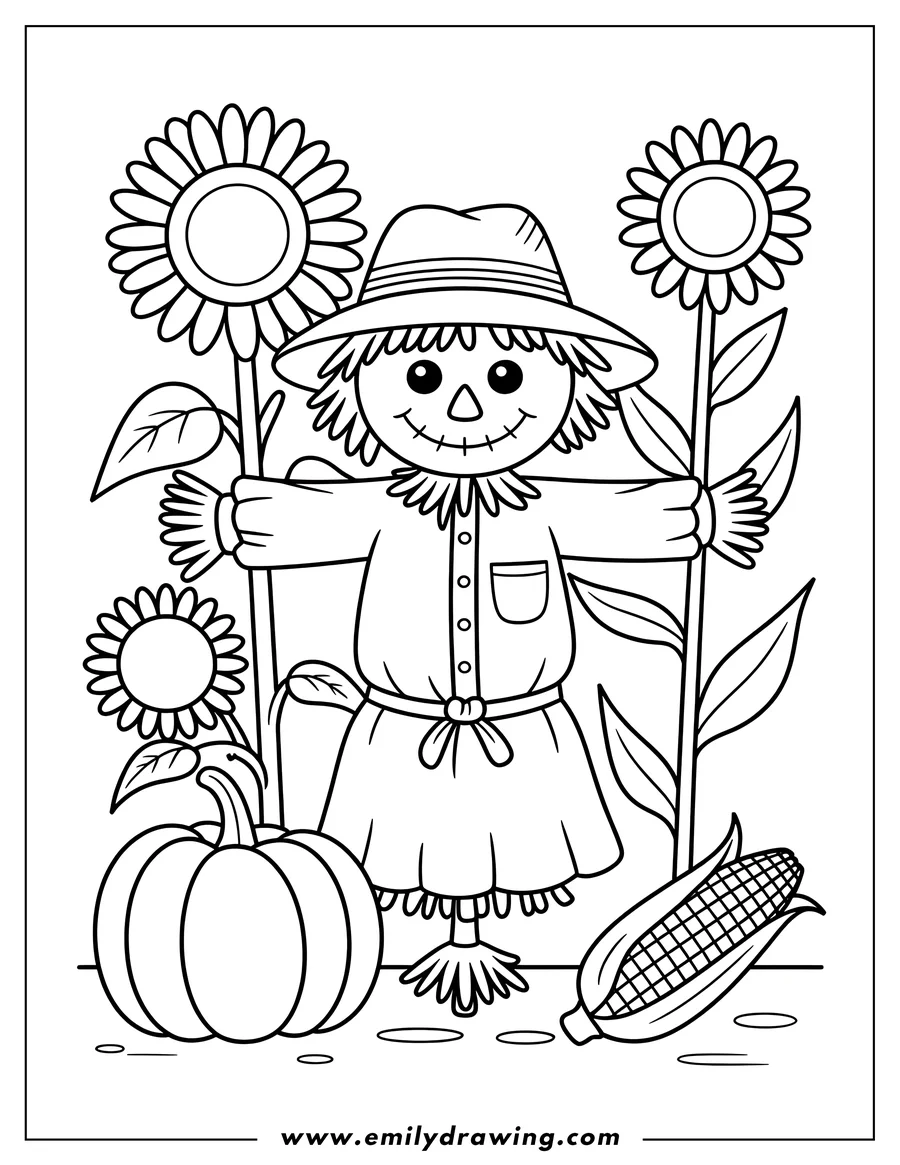 Line art of a friendly scarecrow standing among three sunflowers, a pumpkin, and an ear of corn.