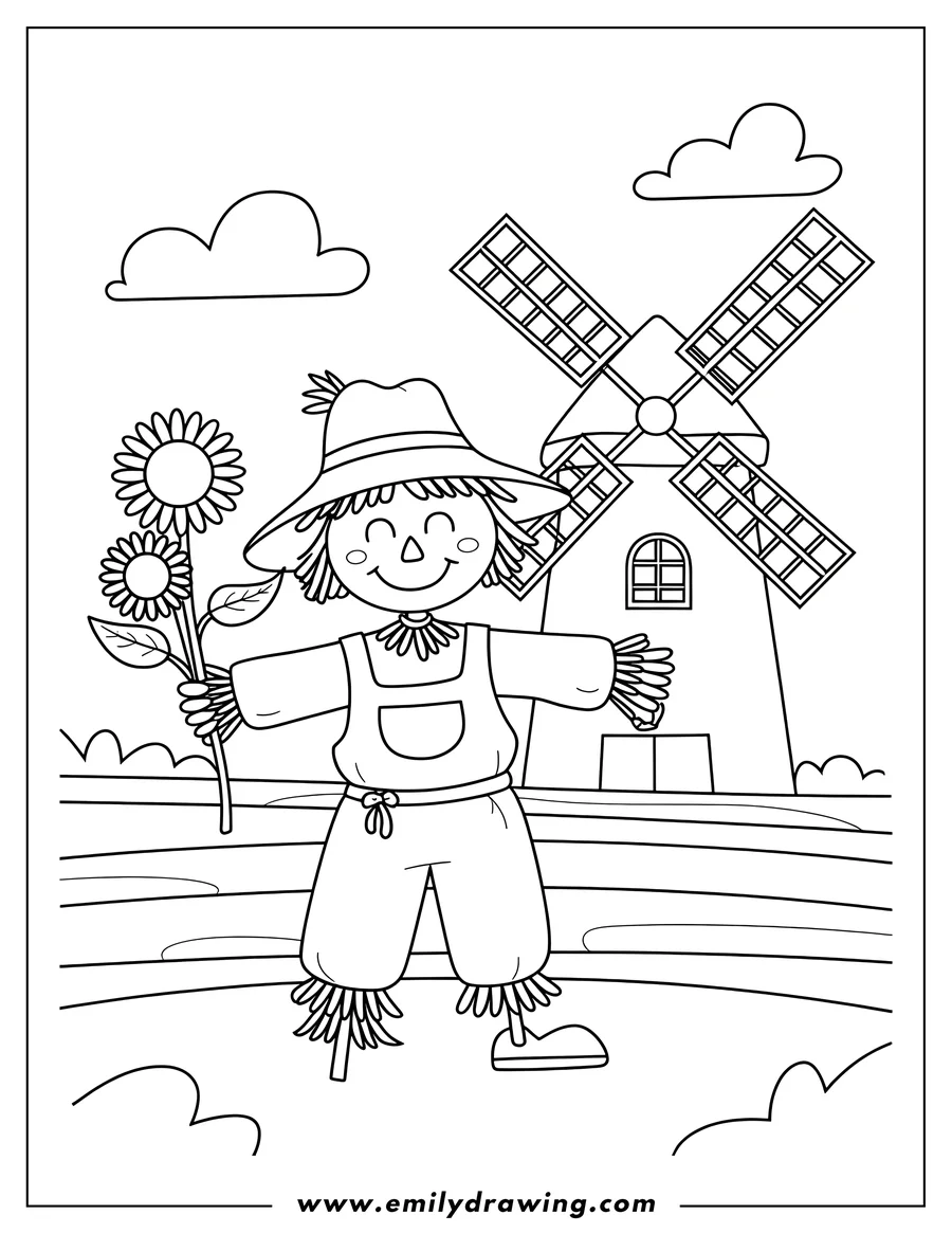 Line art of a happy scarecrow wearing a hat and overalls, holding two sunflowers, with a large windmill and clouds in the background.
