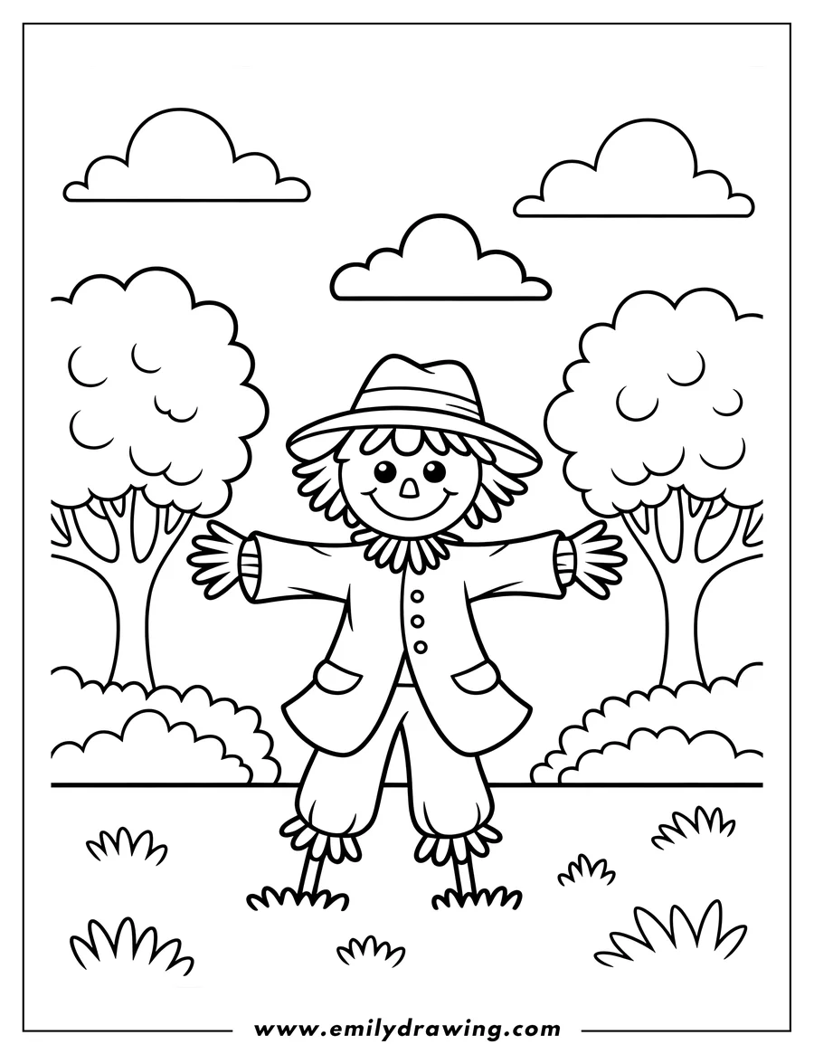Line art of a happy scarecrow with straw coming out of its head and hands, standing between two trees, with clouds in the sky.