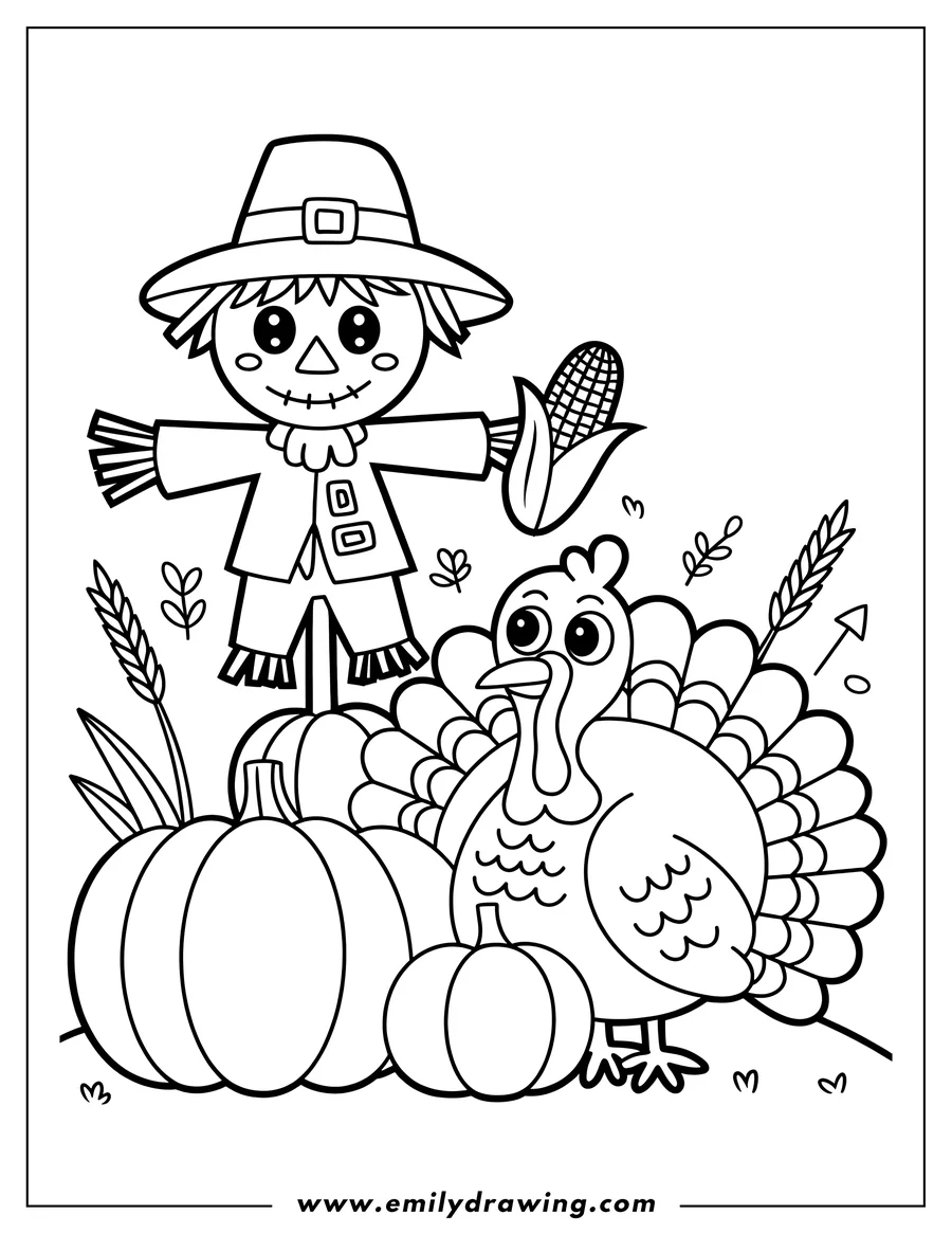 Line art of a friendly scarecrow holding corn, standing next to a turkey and two pumpkins.