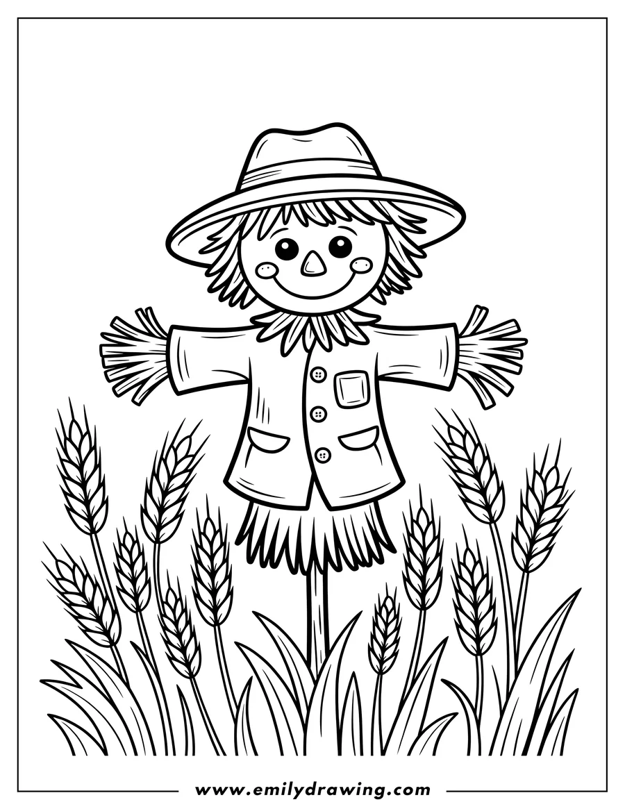 Line art of a smiling scarecrow with a straw hat and button-up coat, standing in a field of wheat stalks