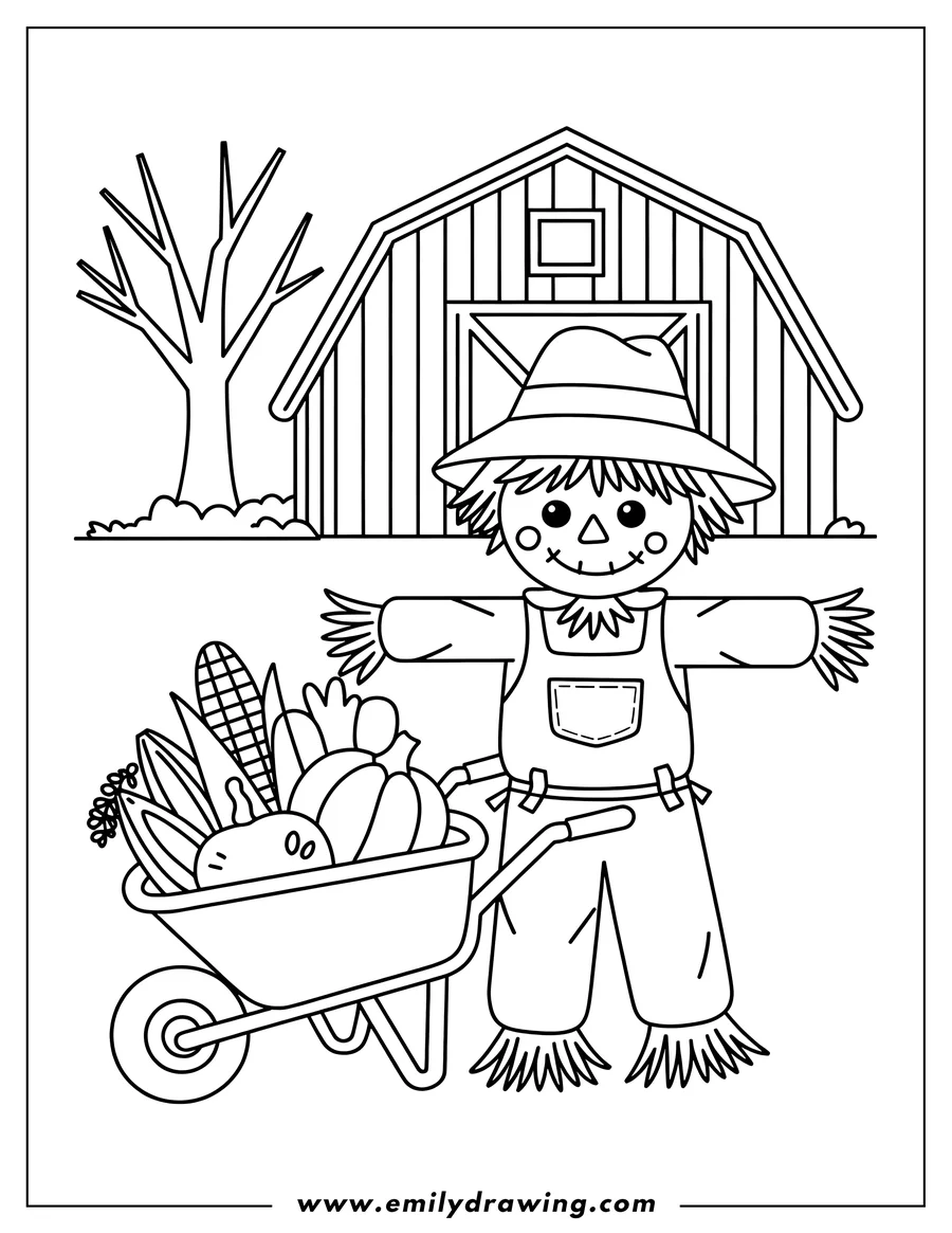 Line art of a scarecrow wearing a hat and overalls, pushing a wheelbarrow full of harvested vegetables like corn and pumpkins in front of a barn.