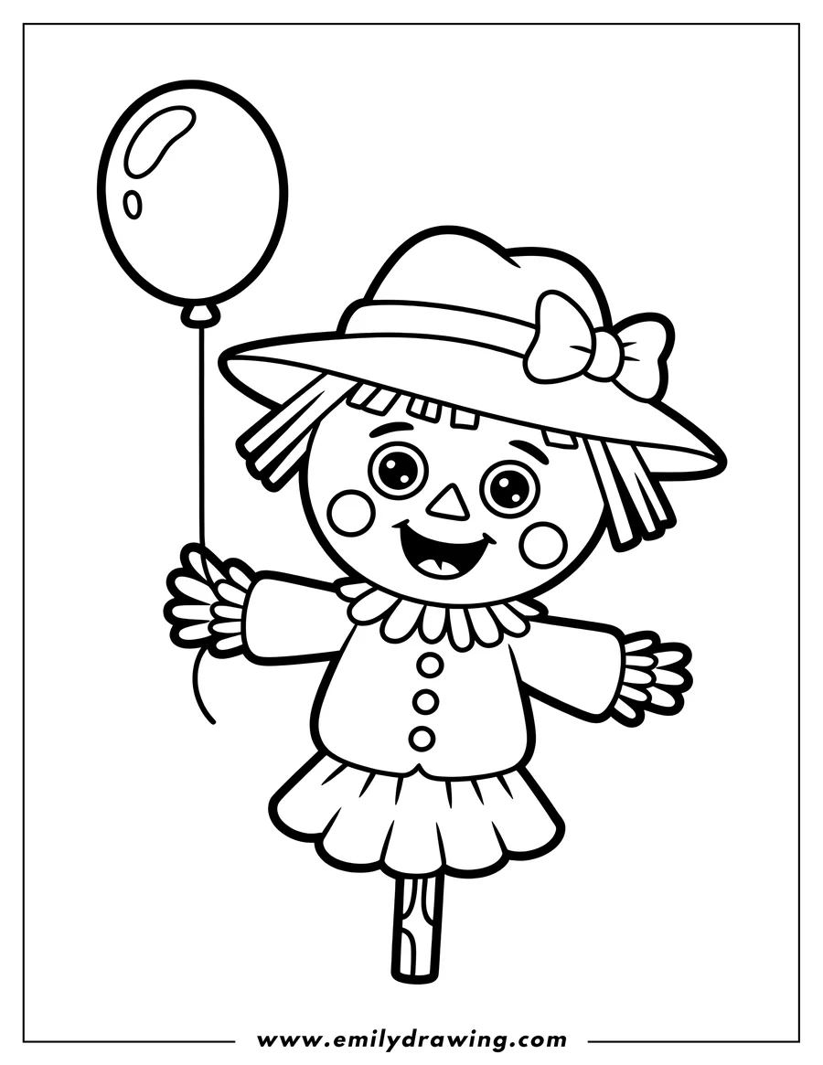Outline of a cheerful scarecrow holding a balloon