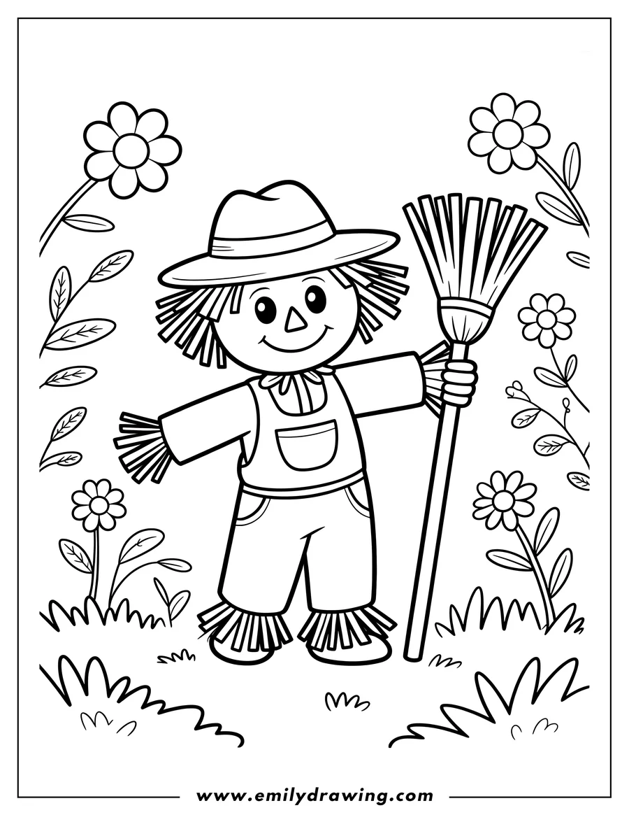 Outline of a cheerful scarecrow wearing a hat and overalls, holding a broom, surrounded by flowers and grass